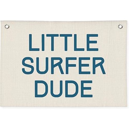 Coastal Summer Beach Surf Decor, Boys Beach Room Decor Aesthetic, Little Surfer Dude Linen Banner Wall Hanging Banner Flag 20x30 Inch