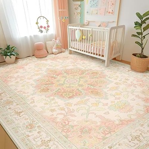 Machine Washable Rugs Nursery Rug 8x10 Cute Girl Non Slip Low Pile Water Repellent Soft Print Pattern for Bedroom Indoor Decor Kids Playroom Pinkgreen