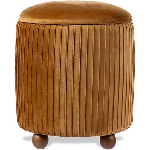 Glitzhome Round Ottoman with Storage, Pleated Velvet Small Foot Stool, Modern Accent Stool Upholstered Vanity Stool with Rubberwood Ball Feet for Bedroom Living Room Dorm Room, Brown