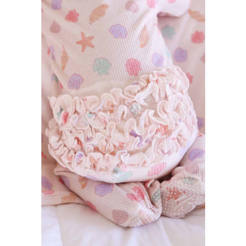 Saltwater Shells Bamboo Waffle Ruffle Zipper Footie