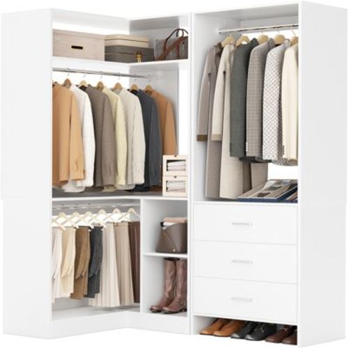 Besiost 57-In Corner Closet System Set with Wood Drawers, Freestanding Closet Organizer with Hanging Rods