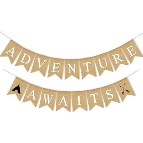 SWYOUN Burlap 'Adventure Awaits' Banner - Graduation, Baby Shower, Retirement Party Decoration