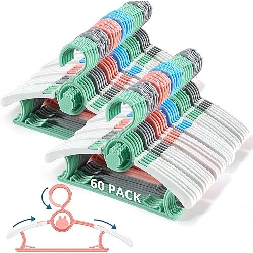 60Pack Kids Hangers, Extendable & Stackable Baby Hangers, Mix-Colors Toddler Hangeres for Toddler Children Kids Teen, 11~14Inch Non-Slip Plastic Kid Hangeres, Babys Clothes Hanger