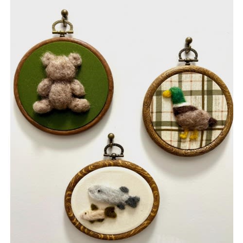 At the Lake Hunting and Fishing - Mallard Duck, Trout and Teddy Bear Felted, Framed Nursery Wall Art and Decor