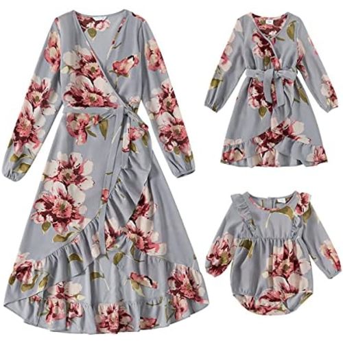 Mommy and Me Matching Dresses Floral Split Ruffled Boho Dress Long Sleeve Casual Fall Winter Mom Daughter Matching Outfits