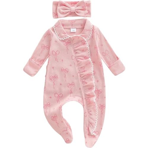 allshope Newborn Baby Girl Fall Outfit Romper Footies Waffle Bow Zip Up Footed Jumpsuit Ruffle Trim Infant Clothes