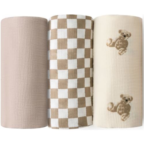 Little Jump Muslin Swaddle Blanket Baby - 47" x 47" Large Cotton Swaddling Blanket Soft Baby Receiving Blanket Neutral 3 Pack (Coffee Checkered & Khaki & Teddy Bear)