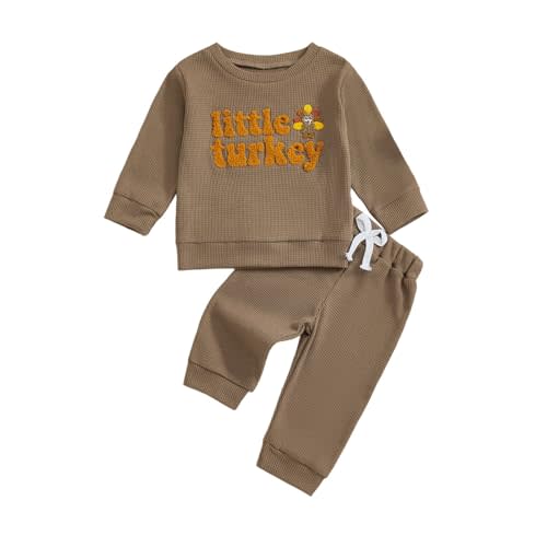 KtwHarnu Infant Toddler Baby Boy Thanksgiving Outfit Little Turkey Embroidery Waffle Knit Sweatshirt Pants Set Fall Clothes