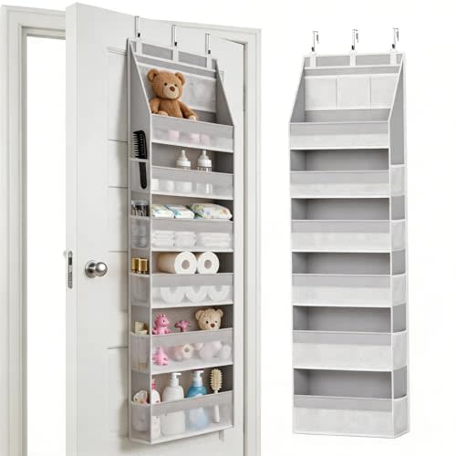 KMSCO Over The Door Organizer, 6 Large Pockets + 13 Mesh Side Pockets, Hanging Storage, 55lbs Capacity, Heavy Duty Non-Woven Fabric for Baby Nursery, Bathroom, Pantry, Closet, Grey, 1 Pack
