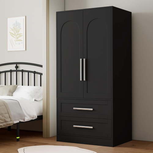iPormis Wooden Armoire Wardrobe Closet with 2 Drawers, Clothing Storage Cabinet with Shelves Aluminum Hanging Rod, Sturdy Freestanding Modern Bedroom Clothing Armoires,Black
