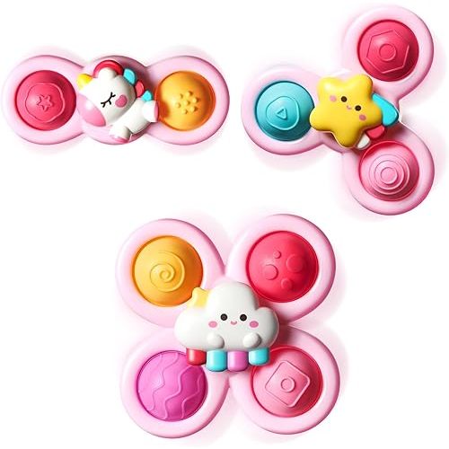 ALASOU 3PCS Pop Suction Cup Spinner Sensory Airplane Travel Toys for 1 Year Old Boy Girl Infant Toddlers|Novelty Spinning Tops 12 18 Months|1 2 Year Old Boy Birthday Gift|Baby Bath Toy Kids Ages 1-3