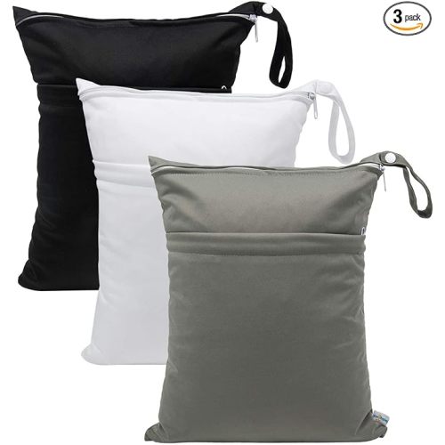 babygoal Wet Dry Bags for Baby Cloth Diapers, Waterproof Washable Travel Bags, Beach, Pool, Gym Bag for Swimsuits & Wet Clothes with 2 Pockets 3 Pack L-BWG - 01 Black&Grey&White