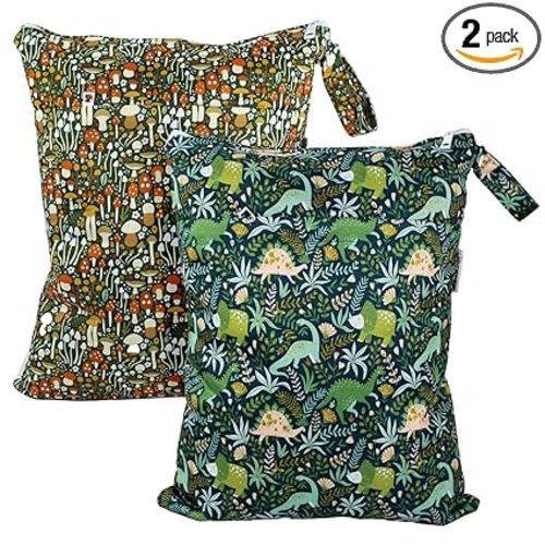 Mama Koala Wet Dry Bags, Portable Washable Reusable Baby Cloth Diapers Bags, 2pcs Medium Size for Travel Beach Laundry Pool Gym Yoga (WB-Forest)