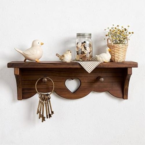 80s Vintage Heart Shelf with Pegs for Cottagecore Decor, Pine Wooden Heart Shelves for Wall, 15.7 Inch Vintage Heart Cutout Floating Shelf for Trinkets,Walnut Finish Heart Shaped Wall Shelf