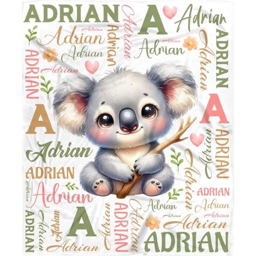 Cute Koala Custom Baby Blanket - Personalized Funny Koala Gifts with Name - Kawaii Koala Animals Flannel Throws Sheet Decor for Koala Lovers Boys Girls Toddler Newborn Crib Nap - 30" X 40"