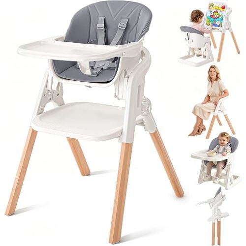 Foldable Baby High Chair, 4-in-1 Convertible Wooden Highchairs for Babies and Toddlers, Easel & Stool, Baby Feeding Chair with Adjustable Heights, Removable Tray & Easy-to-Clean Seat Cushion (Grey)