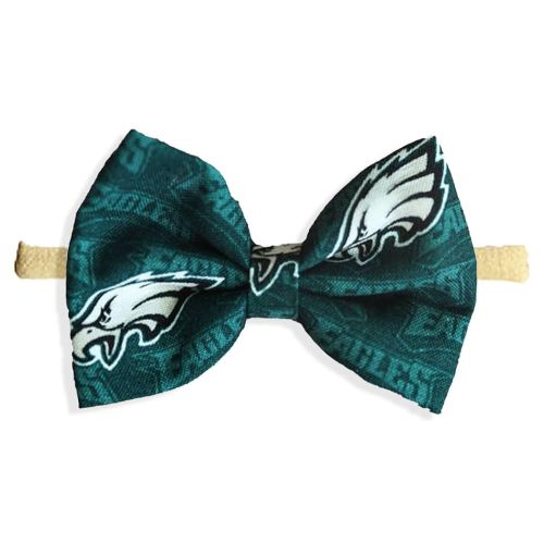 Newborn To Toddler Girls Eagles Hair Bow Football Nylon Headband Or Alligator Clip | Made In USA | Fast Shipping (Nylon)