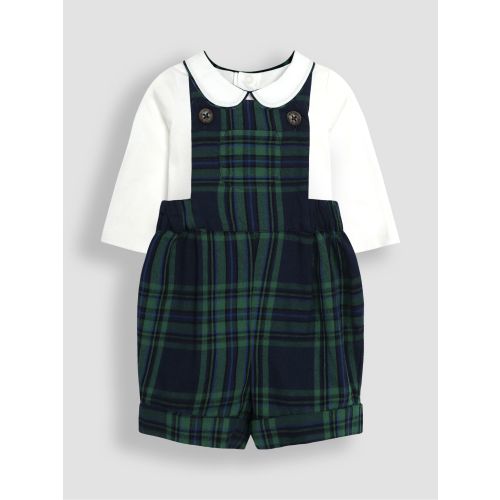 Navy Blue Tartan Dungarees & Top Set