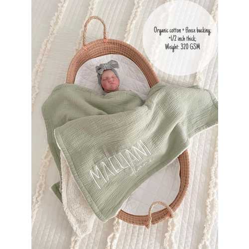 Embroidered Name Baby Blanket: Organic Muslin & Sherpa, Keepsake Gift
