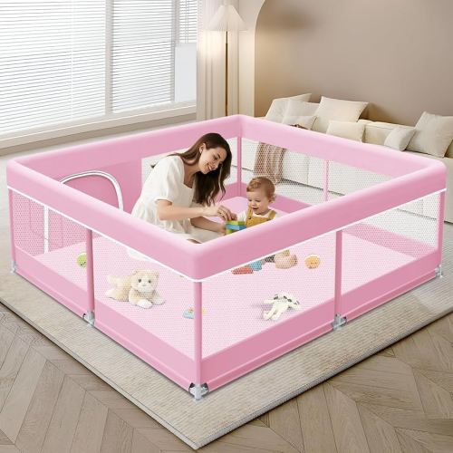 Baby Playpen 50 x 50 Inch Play Pen Playards, Playpen for Babies and Toddlers, Baby Playard for Indoor & Outdoor Active Center Game Fence, with Skin-Friendly Fabric and Soft Breathable Mesh Pink