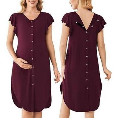 Ekouaer Labor and Delivery Gown 3 in 1 Nursing/Hospital/Breastfeeding/Maternity Flying Short Sleeve Nightgown with Button Maroon L