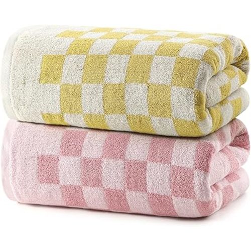REDKISS Yellow and Pink Checkered Bath Towels Set - 2 Piece Large Shower Towels for Bathroom Decoration, Highly Absorbent Cotton Bath Towel of 2, Cute Checkered Shower Retro Towel for Bathroom