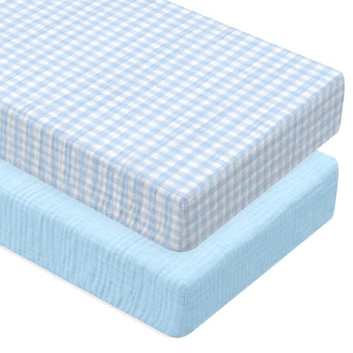 Muslin Blue and Blue Gingham Crib Sheets for Boy Girl Soft and Breathable 100% Cotton Plaid Baby Bed Crib Sheets Checkered Fitted Mattress Cover for 52''x 28'' Standard Mattress Size
