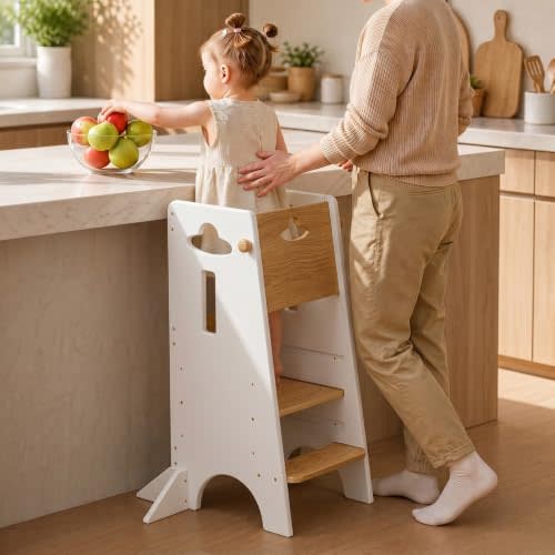 COSYLAND Toddler Tower Toddler Standing Kitchen Stool | Super Stable Toddler Kitchen Tower Helper, 3 Levels Adjustable Wooden Learning Tower for Kids (Natural & White)