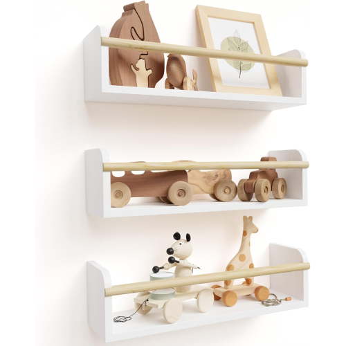 Decorative Nursery Bookshelves for Kids - Set of 3 Easy to Install Floating Shelves for Wall Mount - Beautiful Hanging Organizer Furniture for Your Baby Boy or Girl's Bedroom and Play Room Decor