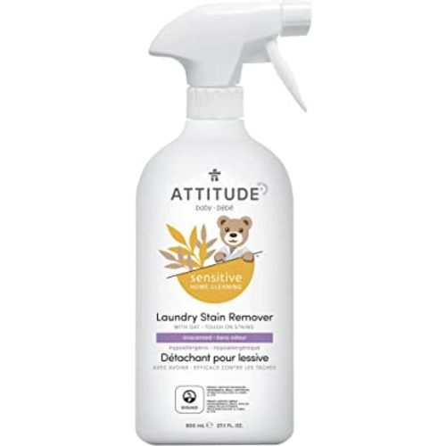 ATTITUDE Fabric Stain Remover for Baby Clothes, Plant- and Mineral-Based Ingredients, Vegan and Cruelty-free Laundry Products for Sensitive Skin, Unscented, 27 Fl Oz