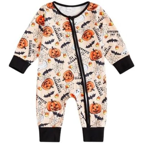 My First Halloween Baby Girl Boy Outfit Long Sleeve Pumpkin Ghost Romper Zip Up Jumpsuit Halloween Clothes 0-12M