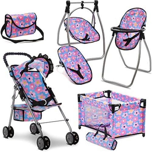Baby Doll Stroller Bed and Swing Nursery Playset, Baby Doll Accessories Furniture Set Convertible High Chair Diaper Bag Role Play Deluxe Blue Doll Set