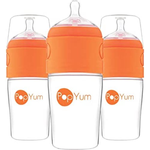 PopYum 9 oz Orange Anti-Colic Formula Making/Mixing/Dispenser Baby Bottles, 3-Pack with #2 Medium Flow Nipples, 260 ml, BPA-Free, Natural Latch