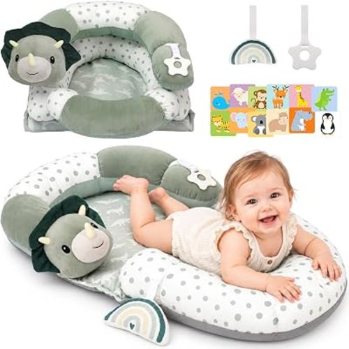 4 in 1 Tummy Time Mat with Educational Cards, Play Mat & Sitting Support for Newborn 0-12 Months, Infant Baby Sit Me Up Floor Seat, Sensory Skills Gifts, Dinosaur