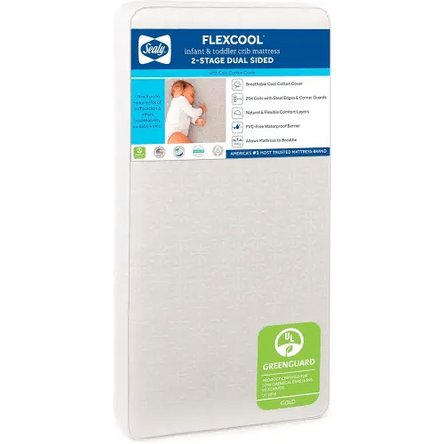 Sealy Baby Flex Cool 2 Stage Breathable Crib Mattress with Toddler Bed Fit, Waterproof & Airy Cotton Cover, 204 Premium Coils, GREENGUARD Gold Certified, Safety & Quality Tested, Made in USA, 52x28"