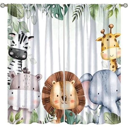 Jungle Curtains for Kids Boys Girls Watercolor Cartoon Forest Animals Baby Living Room Bedroom Nursery Toddler Rod Pocket Window Drapes for Home Party Decor 42" W X 45" L