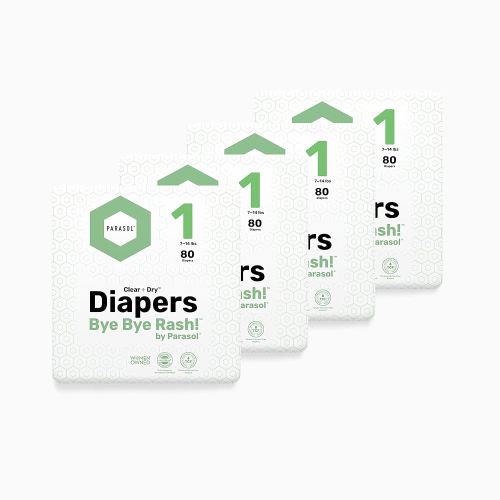 Parasol Clear+Dry Disposable Diapers, RashShield Protection and Leak-Control Fit, Hypoallergenic Diapers, Size 1 (7-14 lbs), 320 Count