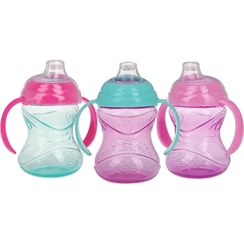 Nuby Clik-It Grip N' Sip Soft Spout No-Spill Training Sippy Cup with Handles - (3-Pack) 10 oz - 4+ Months - Aqua/Purple/Pink