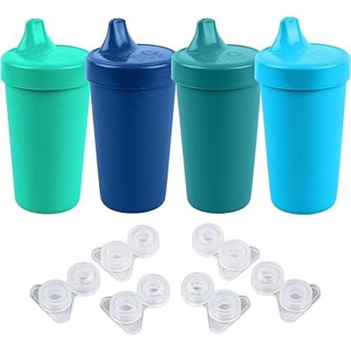 Re-Play Sippy Cups for Toddlers - 10 Oz. Reusable Spill Proof Cups for Kids, Dishwasher/Microwave Safe - Made in USA - Set of 4 with 6 Extra Replacement Valves - True Blue
