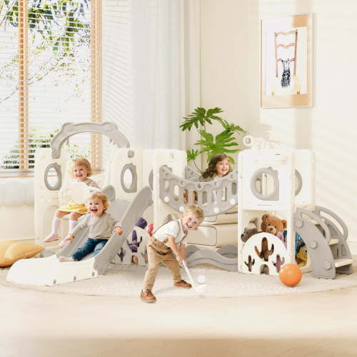 YUFU 12 In 1 Toddler Slide Swing Set, Baby Slide for Age 1+ with Climbing Arch Golf Set Swing Basketball Indoor Outdoor Playground Slide(Gray)