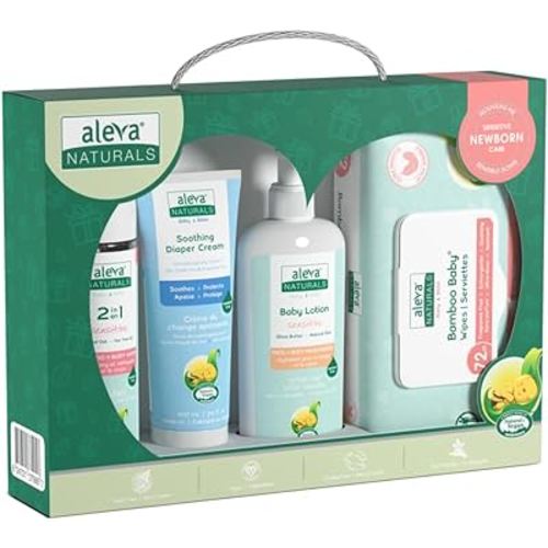 Aleva Naturals Newborn Baby Care Kit includes: Bamboo Baby Wipes, Daily Soothing Moisturizer and Diaper Cream, 2 in 1 Hair & Body Wash - Plant-Based and Organic Formula, Hypoallergenic, 4 Piece Set