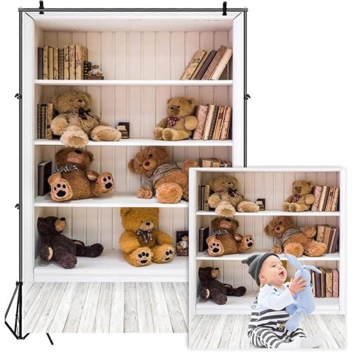 AOFOTO 3x5ft White Bookshelf with Teddy Bears Photography Backdrop Vintage Books Bookcase Wood Floor Background Study Room Decor Indoor Kid Newborn Baby Boy Infant Portrait Photoshoot Studio Props