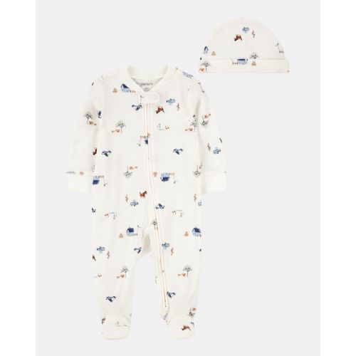 Baby 2-Piece 2-Way Zip Sleep & Play & Cap Set - Ivory/Blue
