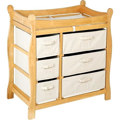 Badger Basket Sleigh Style Baby Changing Table - Diaper Station with 6 Removable Storage Baskets, Safety Rails, Pad, and Belt - Nursery Organizer - Natural/Ecru