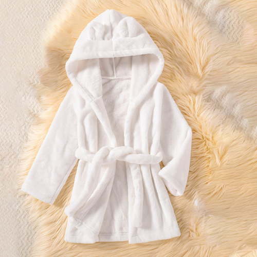 ATOGUTA Kids Bathrobe Fleece Robe Soft Hooded Bathrobe Pajamas Sleepwear White, Size 6M-4T