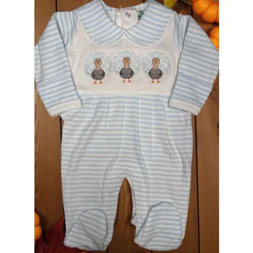 Baby Thanksgiving Romper | Blue Stripe Turkey Embroidered Footie Outfit