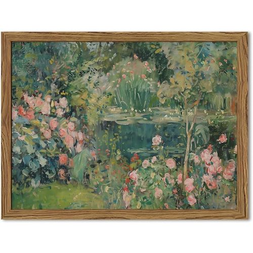 Framed Vintage Floral Landscape Canvas Wall Art, Rose Garden Pond Wall Decor Paintings, Rustic Cottagecore Nature Plant Pictures Prints Aesthetic Home Decor for Living Room Bedroom Bathroom 12x16 inch