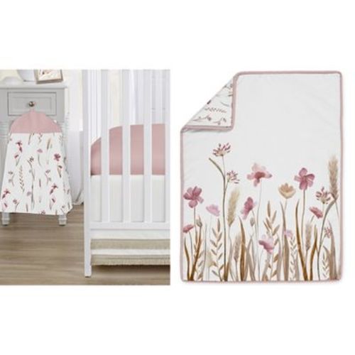 Sweet Jojo Designs Girl Baby Crib Bedding Set - Watercolor Floral Garden Rose Pink and Taupe 4pc