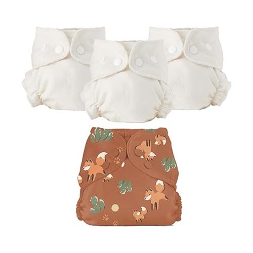 Esembly Cloth Diaper Bundle Set - 3 Organic Cotton Absorbent Inners and 1 Waterproof Outer Diaper Cover - Reusable, Washable, Snap Closure Cloth Diapers - Size 2 (18-35lbs), Parchment