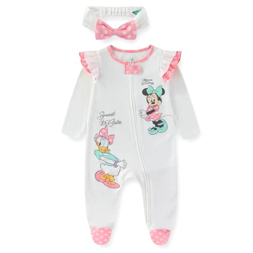 Disney Minnie Mouse Daisy Duck Baby Girls Long Sleeve Footies Coverall Romper With Headband for Newborn and Infant
